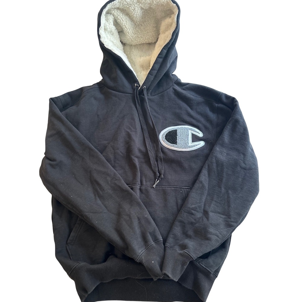 Champion Sherpa Lined Hoodie Black Logo‎ Pullover Hooded Sweatshirt Small